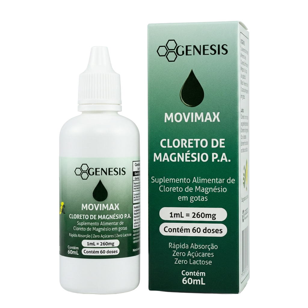 Frasco e caixa do suplemento Movimax de Cloreto de Magnésio em gotas